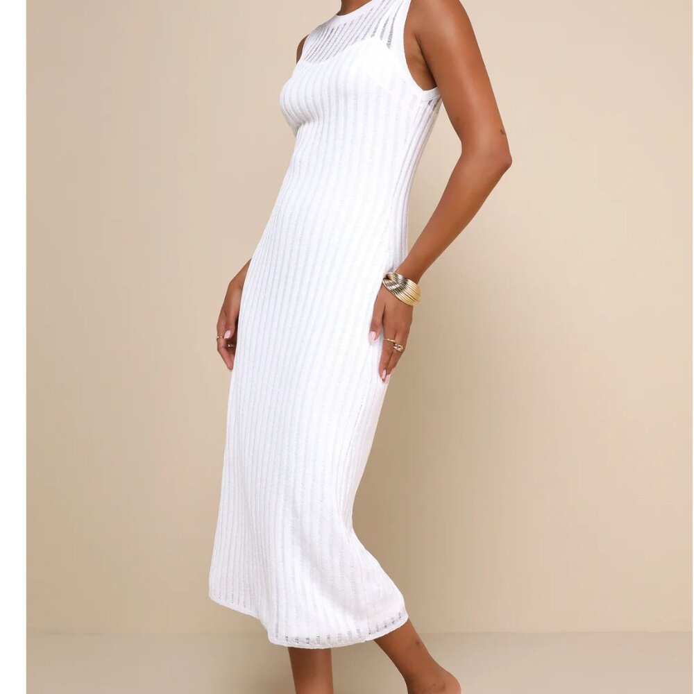 Lulus Effortlessly Sultry White Ribbed Knit Bodycon Midi Dress - Size L - Picture 2 of 5